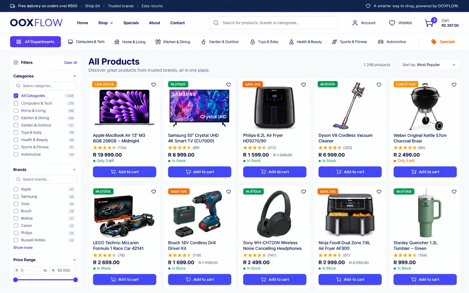 OOXFLOW online store with product filters, photos, prices, stock and an Add to cart button